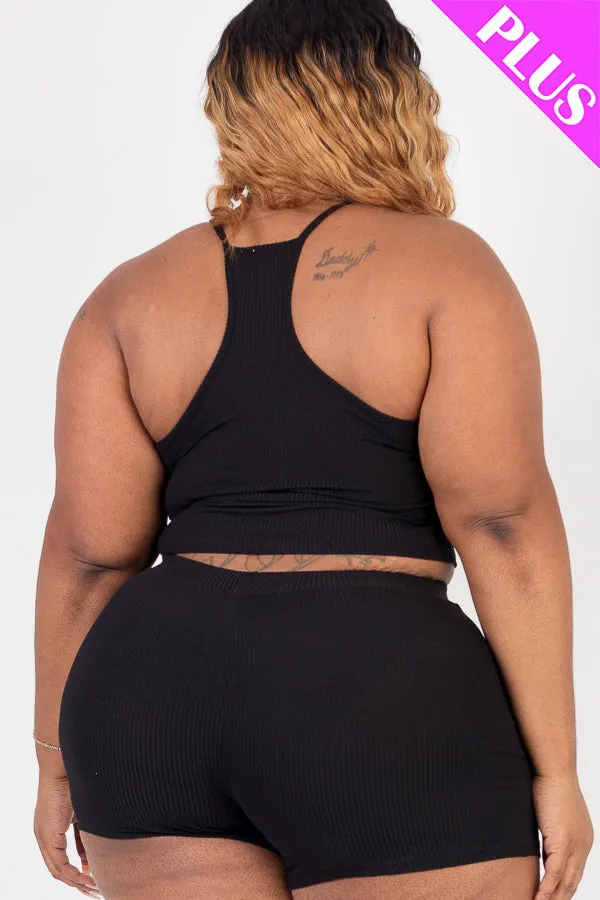 Plus Size Ribbed Crop Cami Top & Shorts Set