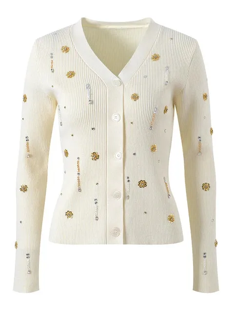 Pre Order:  Beaded Floral Knitted Cardigan   Cami Set