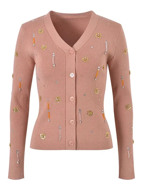 Pre Order:  Beaded Floral Knitted Cardigan   Cami Set
