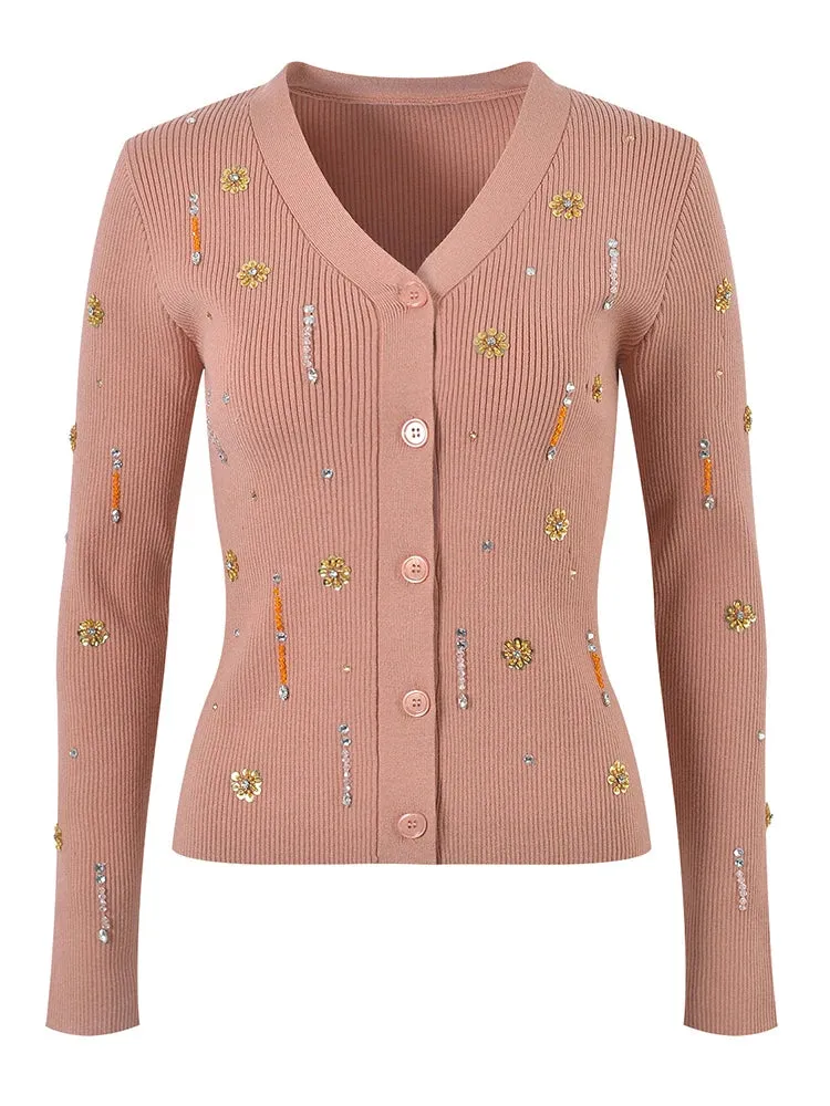 Pre Order:  Beaded Floral Knitted Cardigan   Cami Set