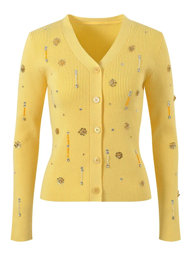 Pre Order:  Beaded Floral Knitted Cardigan   Cami Set