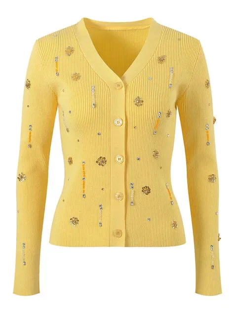 Pre Order:  Beaded Floral Knitted Cardigan   Cami Set