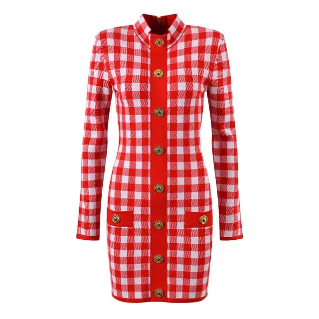 Pre Order:  Plaid Slim Fitted Knit Mini Dress