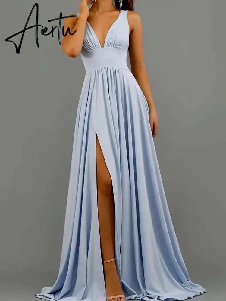 Prom Dress Women'S Clothing Elegant V-neck Solid Color Dress Sling Backless Pink Dress Slit Big Swing Evening Blue Dress Summer