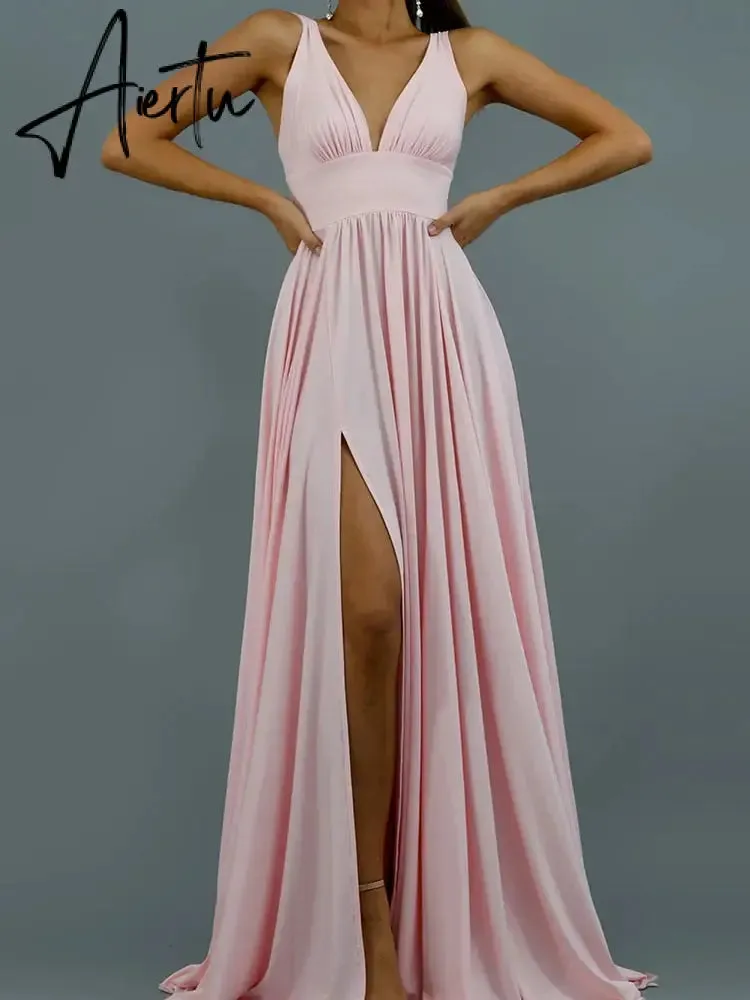 Prom Dress Women'S Clothing Elegant V-neck Solid Color Dress Sling Backless Pink Dress Slit Big Swing Evening Blue Dress Summer