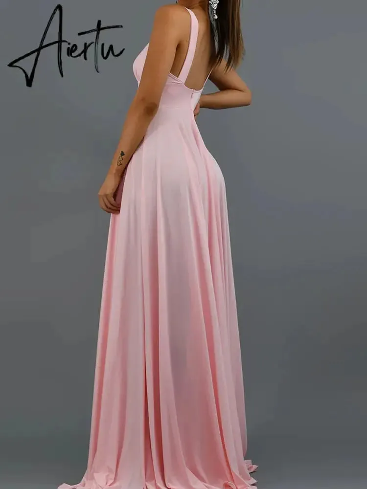 Prom Dress Women'S Clothing Elegant V-neck Solid Color Dress Sling Backless Pink Dress Slit Big Swing Evening Blue Dress Summer