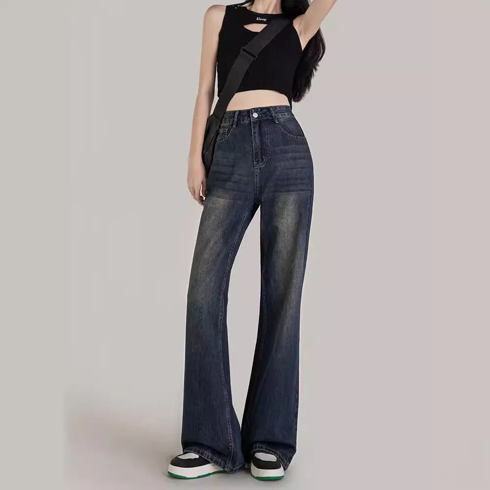 Purpdrank shamar Micro Flared Jeans Women's Autumn and Winter Retro Blue High Waist Loose Wide Leg Pants Small Mop Long Pants
