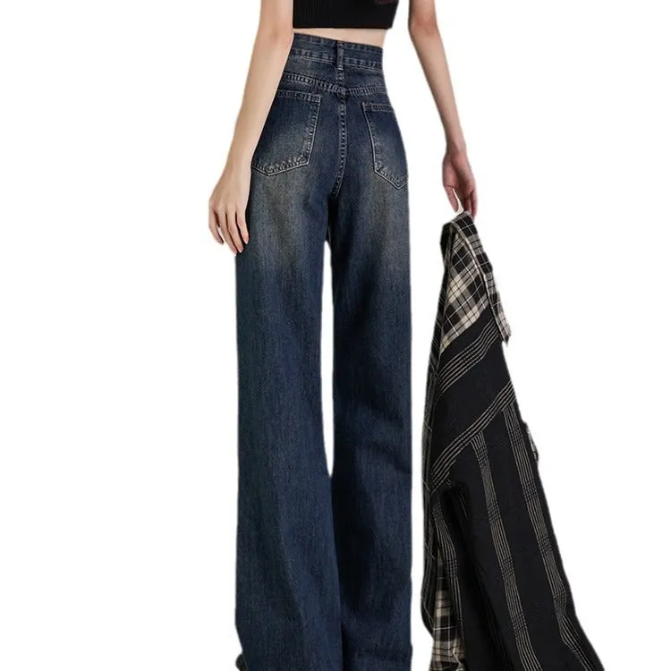 Purpdrank shamar Micro Flared Jeans Women's Autumn and Winter Retro Blue High Waist Loose Wide Leg Pants Small Mop Long Pants