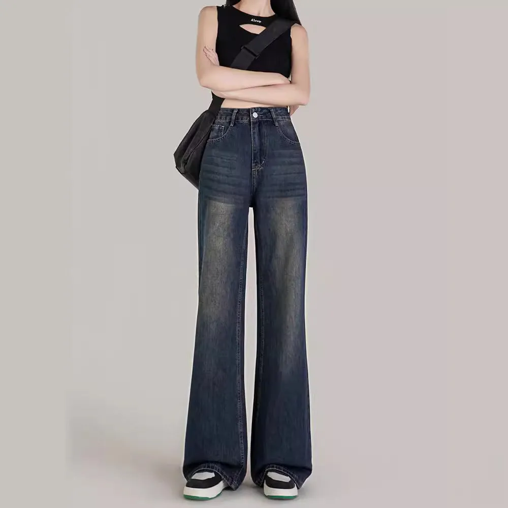Purpdrank shamar Micro Flared Jeans Women's Autumn and Winter Retro Blue High Waist Loose Wide Leg Pants Small Mop Long Pants