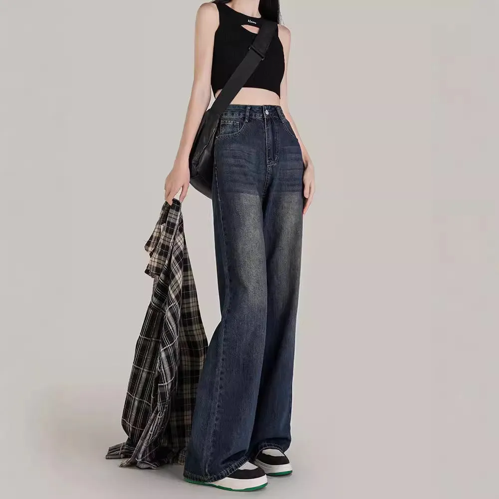 Purpdrank shamar Micro Flared Jeans Women's Autumn and Winter Retro Blue High Waist Loose Wide Leg Pants Small Mop Long Pants