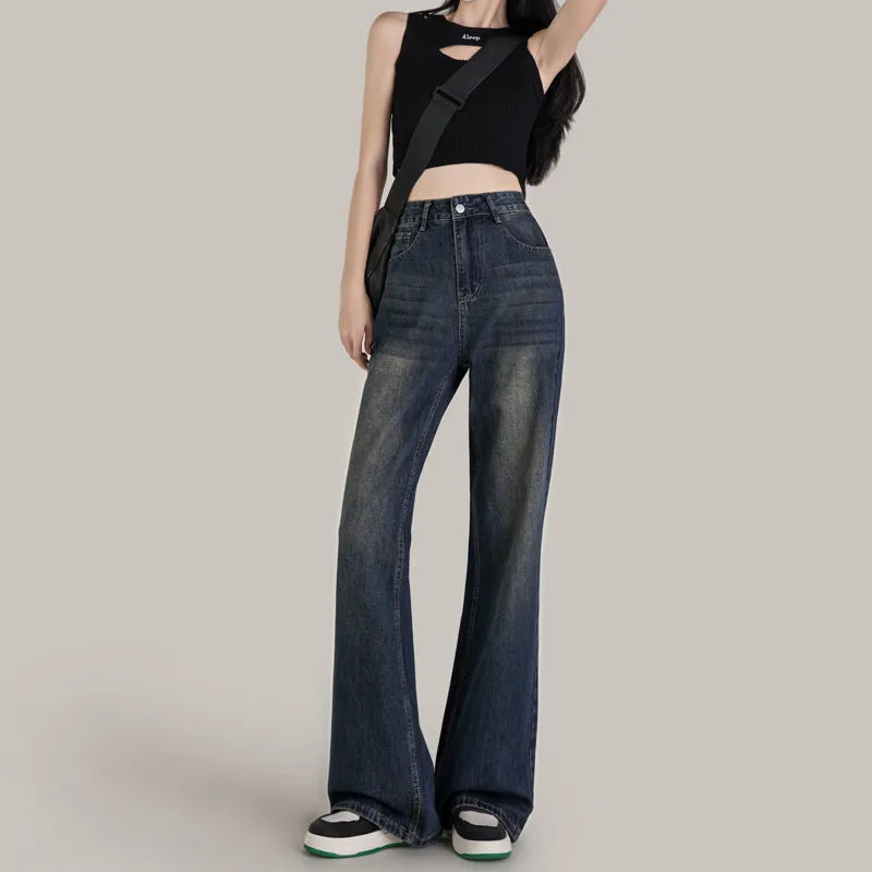 Purpdrank shamar Micro Flared Jeans Women's Autumn and Winter Retro Blue High Waist Loose Wide Leg Pants Small Mop Long Pants