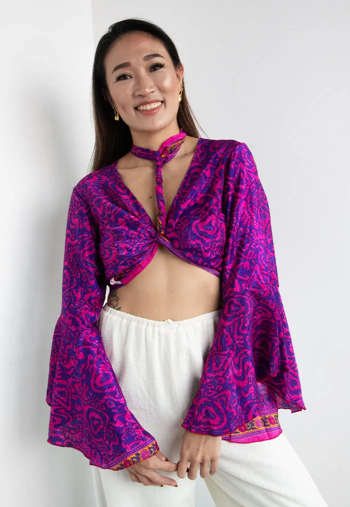 Raja Rani Upcycled Silk Crop Wrap Top - Jam