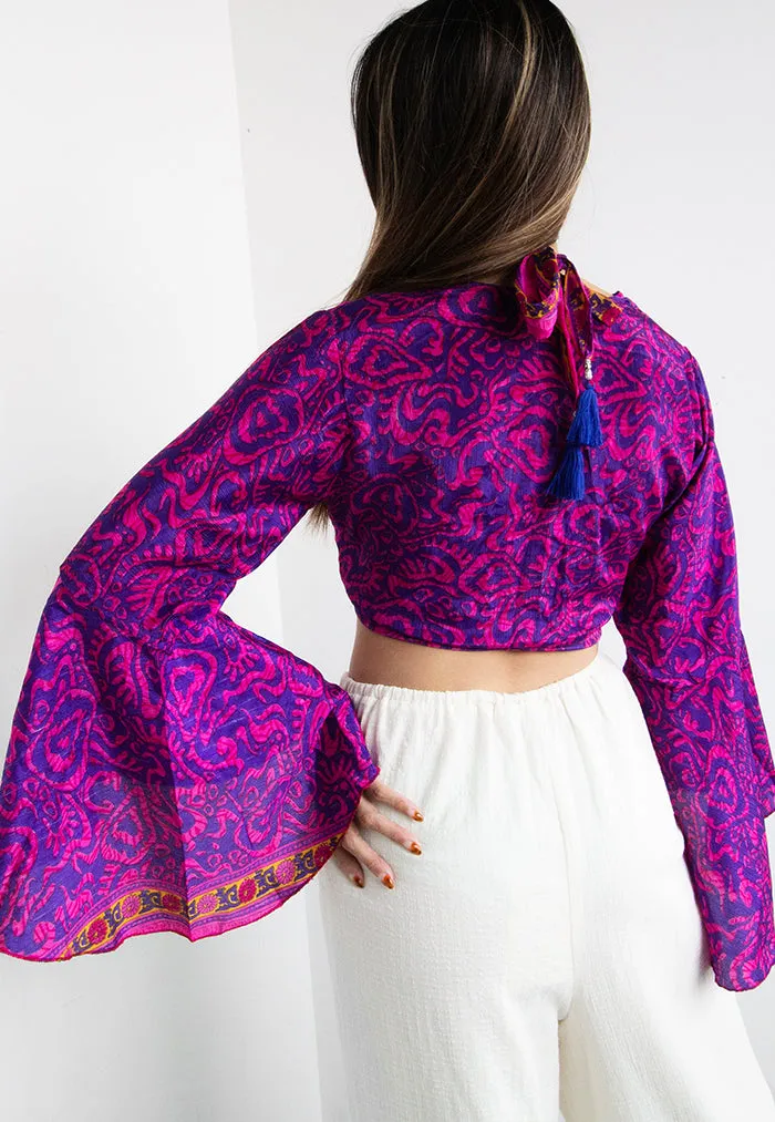 Raja Rani Upcycled Silk Crop Wrap Top - Jam