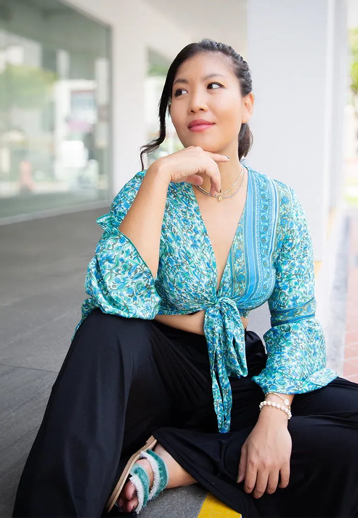 Raja Rani Upcycled Silk Long Sleeves Wrap Top - Mint