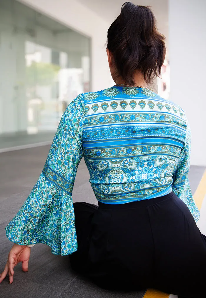 Raja Rani Upcycled Silk Long Sleeves Wrap Top - Mint