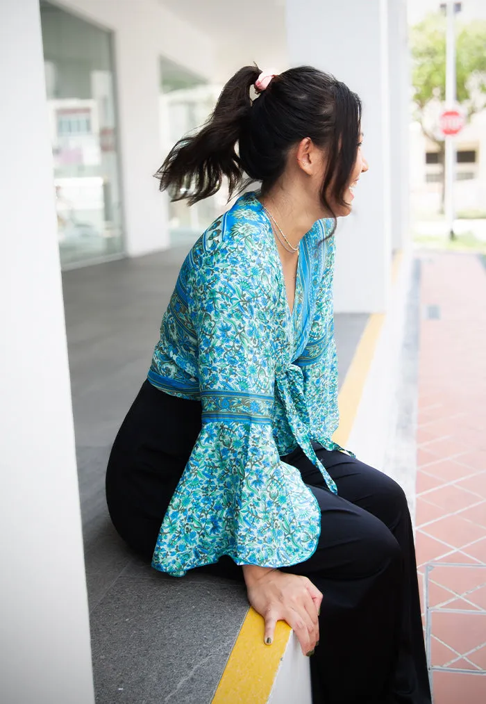 Raja Rani Upcycled Silk Long Sleeves Wrap Top - Mint