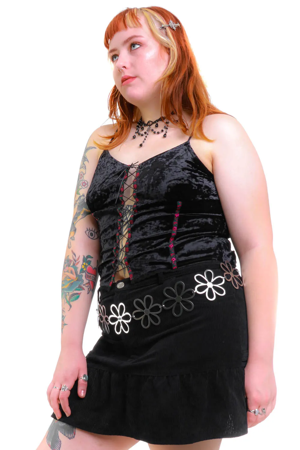 Ria Black Velvet Lace-Up Top