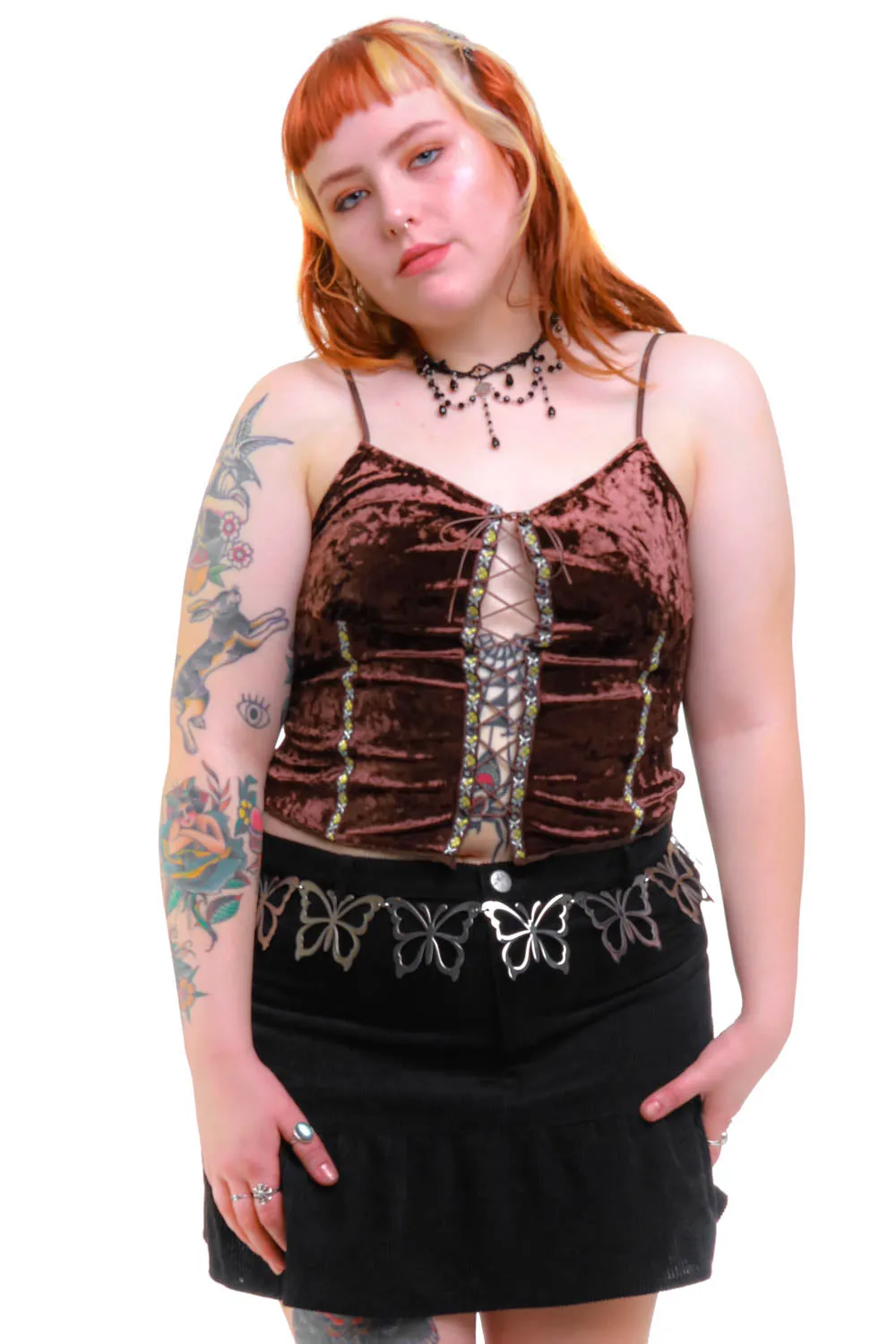 Ria Chocolate Velvet Lace-Up Top