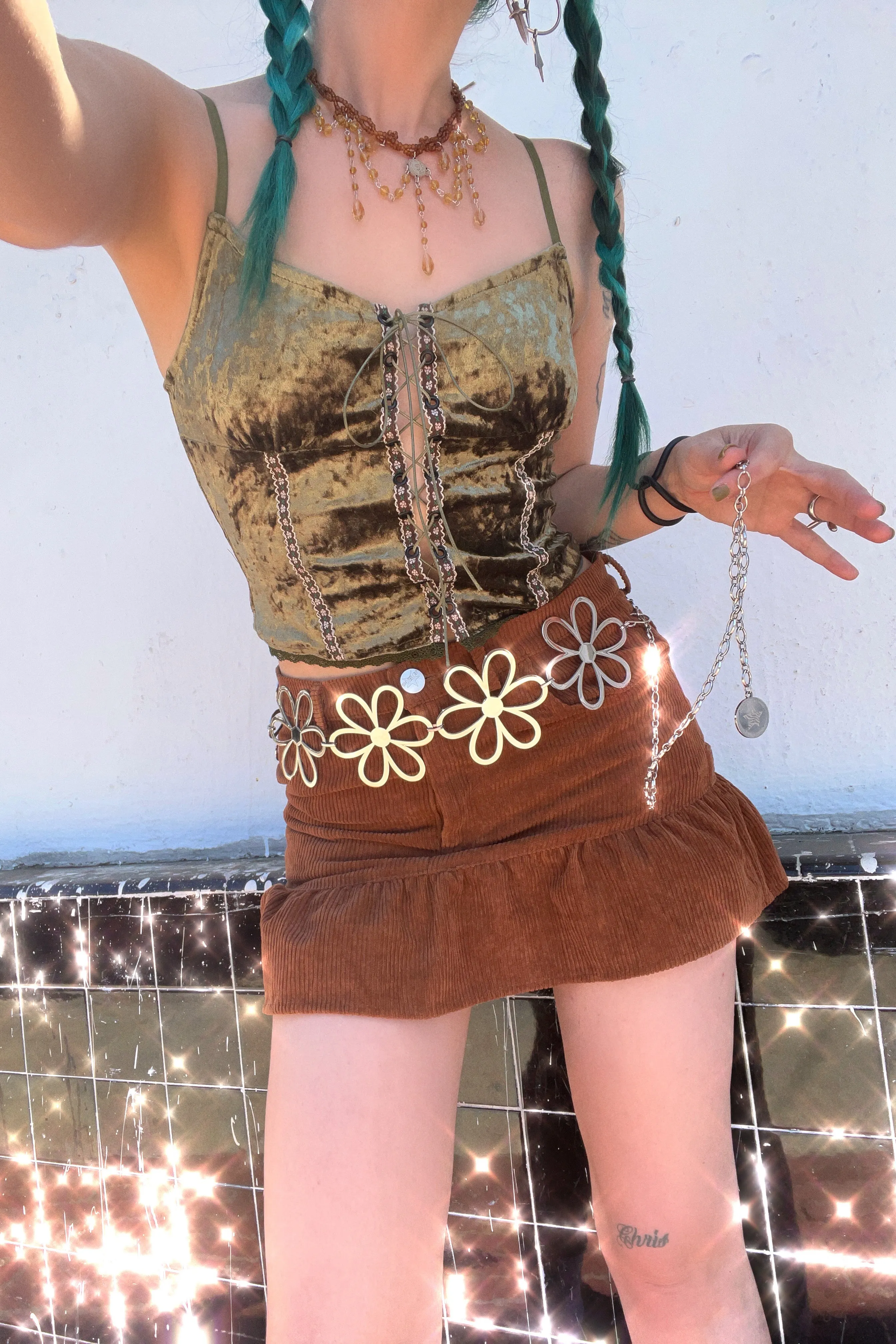 Ria Sage Velvet Lace-Up Top