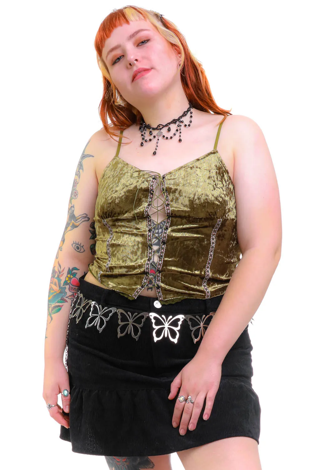 Ria Sage Velvet Lace-Up Top