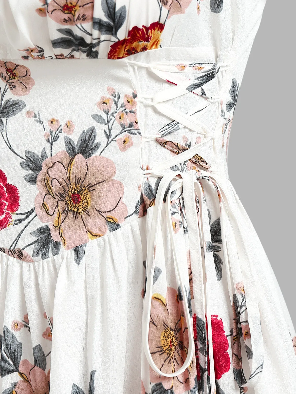 Ruched Bust Side Lace Up Flower Dress | Casual Floral Dress