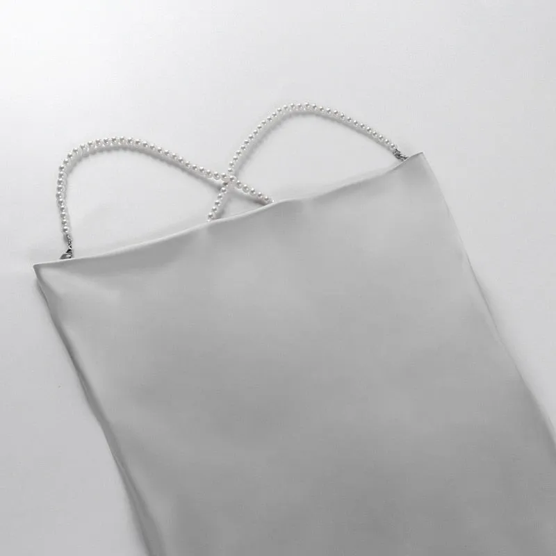 Sexy Silk Solid Pearl Sling Strapless Backless Split Ultra Short Summer Nightclub Club Party Dress