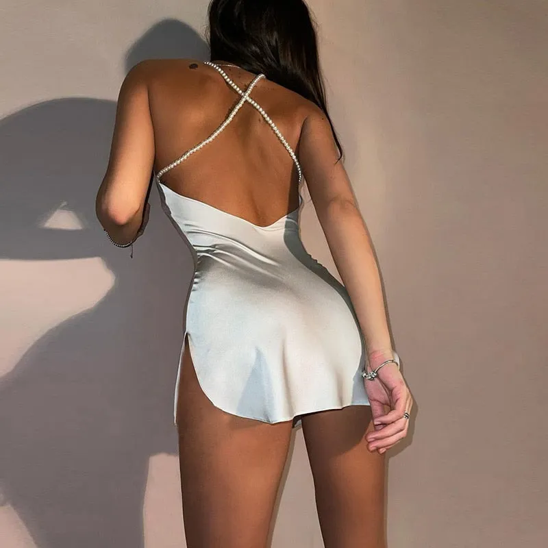 Sexy Silk Solid Pearl Sling Strapless Backless Split Ultra Short Summer Nightclub Club Party Dress