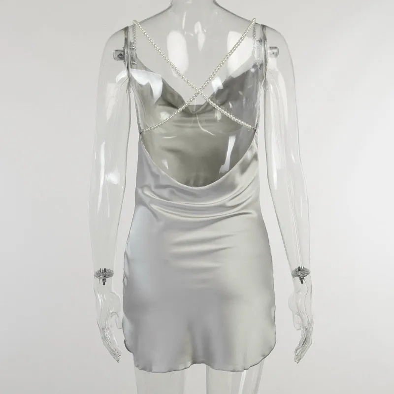 Sexy Silk Solid Pearl Sling Strapless Backless Split Ultra Short Summer Nightclub Club Party Dress