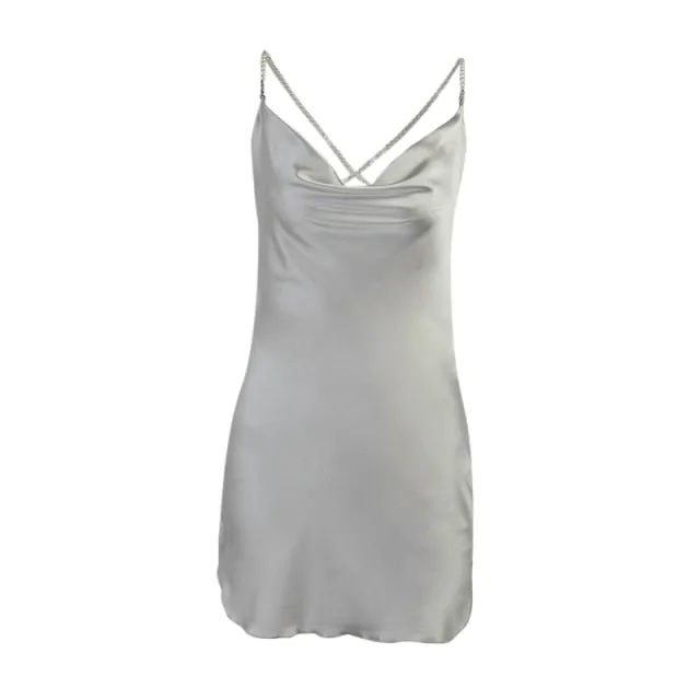 Sexy Silk Solid Pearl Sling Strapless Backless Split Ultra Short Summer Nightclub Club Party Dress