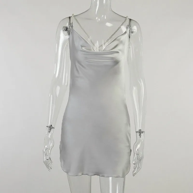 Sexy Silk Solid Pearl Sling Strapless Backless Split Ultra Short Summer Nightclub Club Party Dress