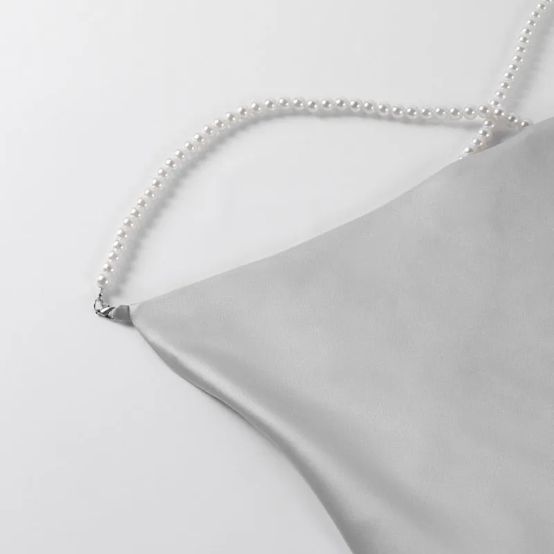 Sexy Silk Solid Pearl Sling Strapless Backless Split Ultra Short Summer Nightclub Club Party Dress