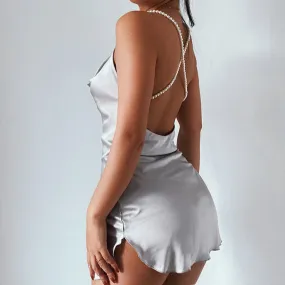 Sexy Silk Solid Pearl Sling Strapless Backless Split Ultra Short Summer Nightclub Club Party Dress
