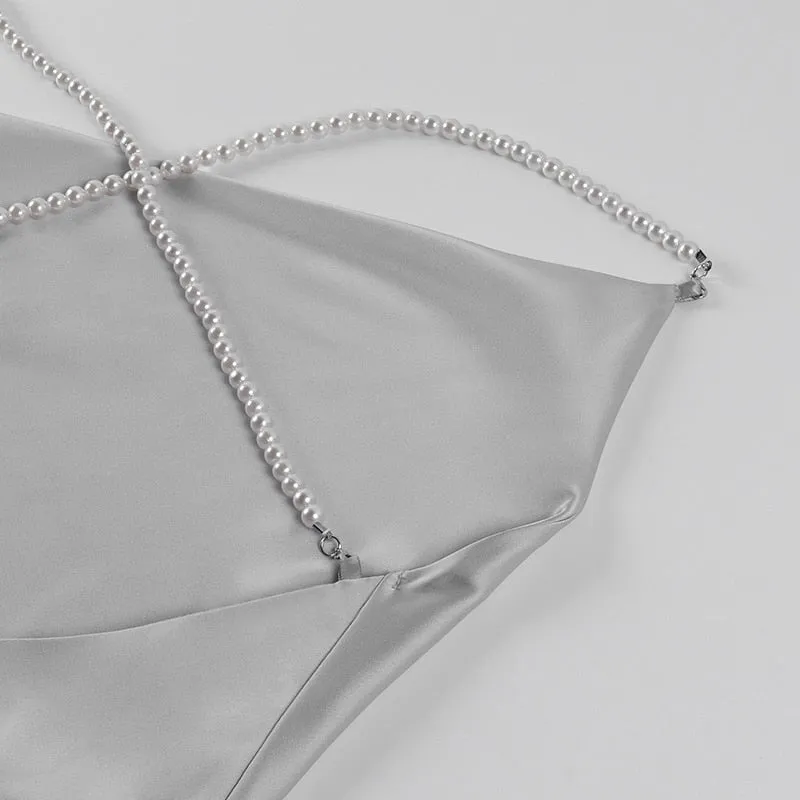 Sexy Silk Solid Pearl Sling Strapless Backless Split Ultra Short Summer Nightclub Club Party Dress