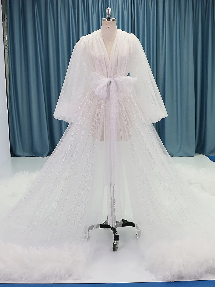 Shimmering Glitter Tulle Long Train Wedding Dress Ruffles Tulle Photo Shoot Gown