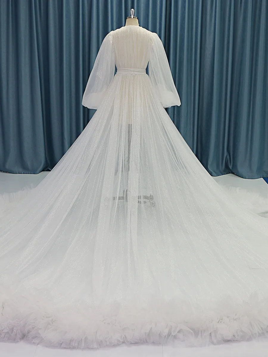 Shimmering Glitter Tulle Long Train Wedding Dress Ruffles Tulle Photo Shoot Gown