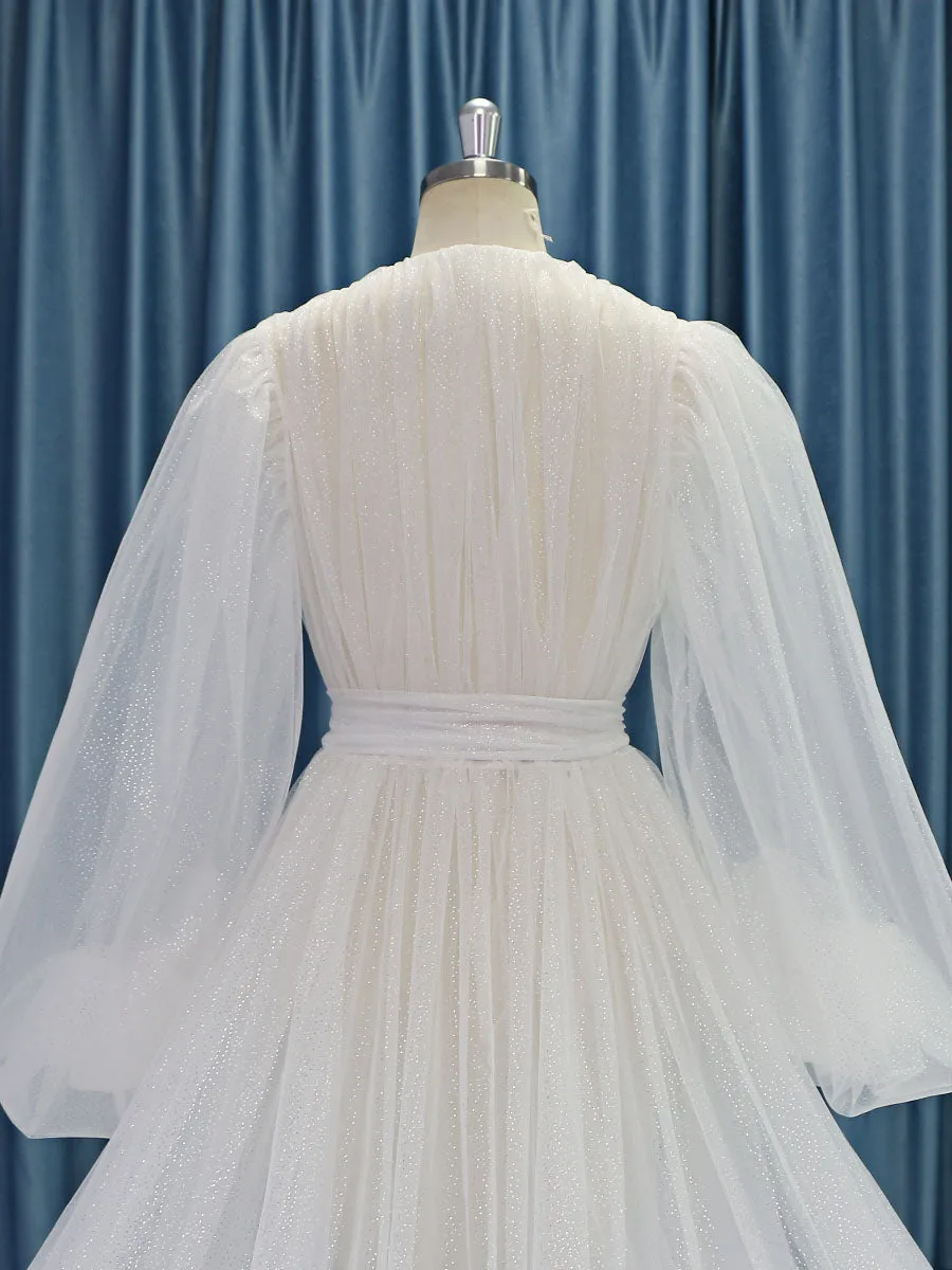 Shimmering Glitter Tulle Long Train Wedding Dress Ruffles Tulle Photo Shoot Gown