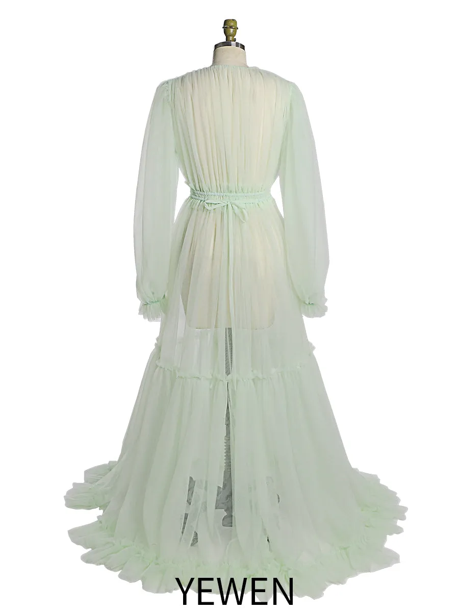 Simple Style Long Sleeve Soft Tulle Dress Woman Maxi Photo Shoot Dresses YW231005