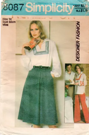 Simplicity 8087 Womens Designer Pullover Top Bias Skirt & Flared Pants 1980s Vintage Sewing Pattern Size 12 or 14