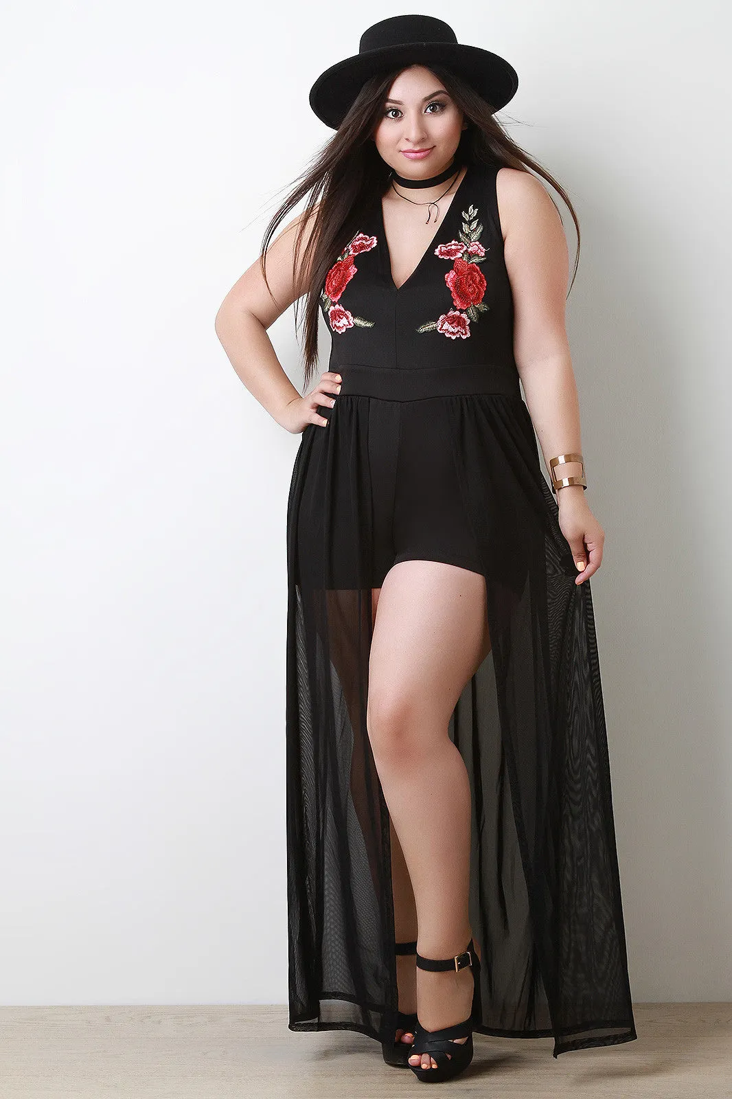 Sleeveless V-Neck Floral Applique Mesh Romper Maxi Dress