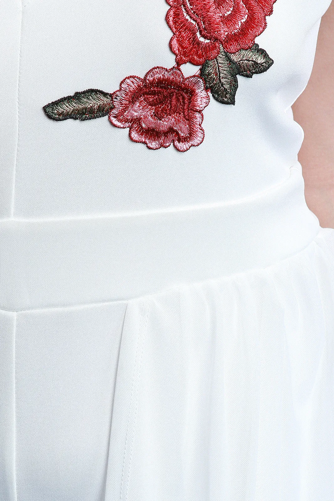 Sleeveless V-Neck Floral Applique Mesh Romper Maxi Dress
