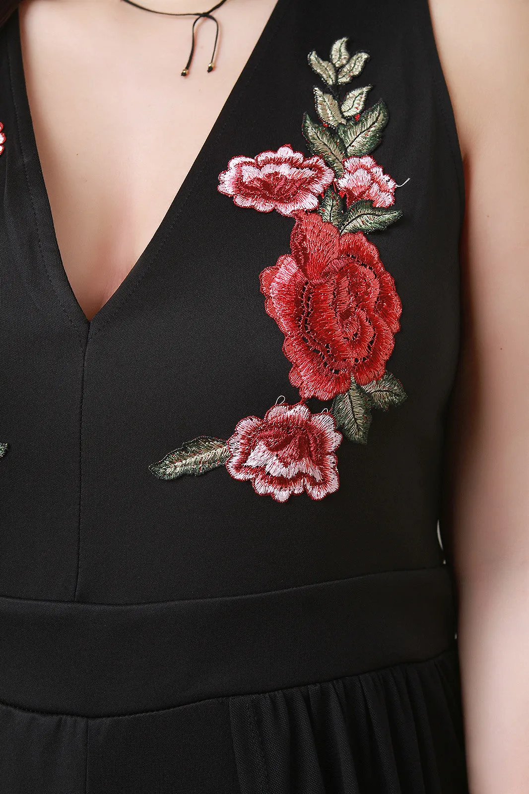 Sleeveless V-Neck Floral Applique Mesh Romper Maxi Dress