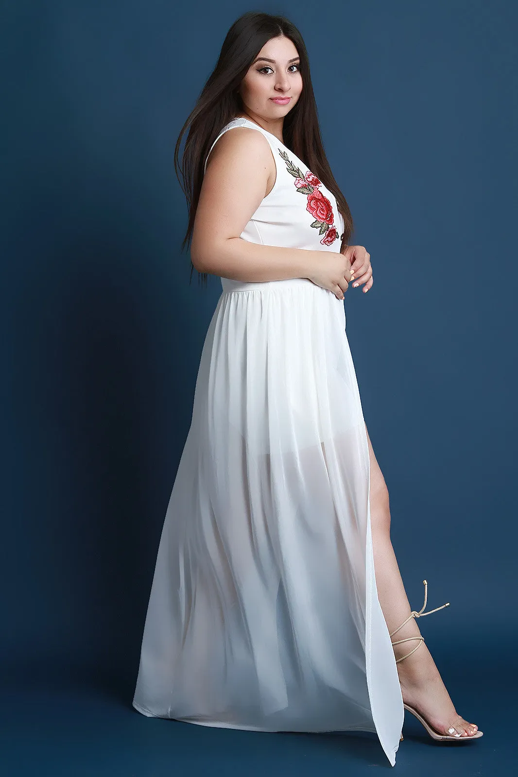 Sleeveless V-Neck Floral Applique Mesh Romper Maxi Dress
