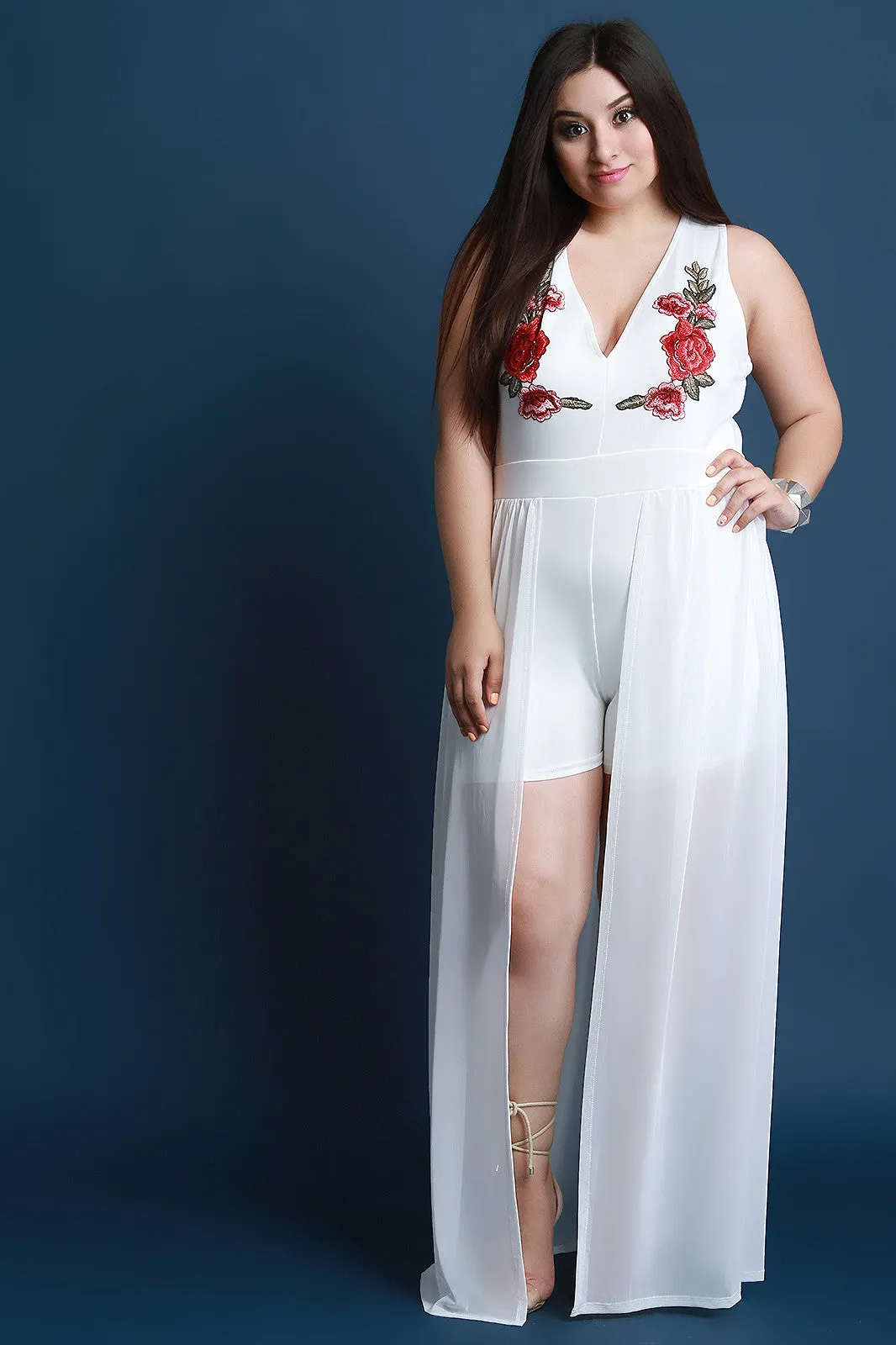 Sleeveless V-Neck Floral Applique Mesh Romper Maxi Dress