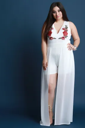 Sleeveless V-Neck Floral Applique Mesh Romper Maxi Dress