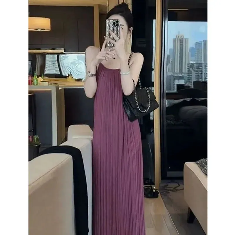 Spaghetti Strap Dresses Women Summer Soft Wind Casual Loose Beach Long Dress Female Korean Simple Wild Mid-Calf Dress