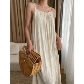 Spaghetti Strap Dresses Women Summer Soft Wind Casual Loose Beach Long Dress Female Korean Simple Wild Mid-Calf Dress