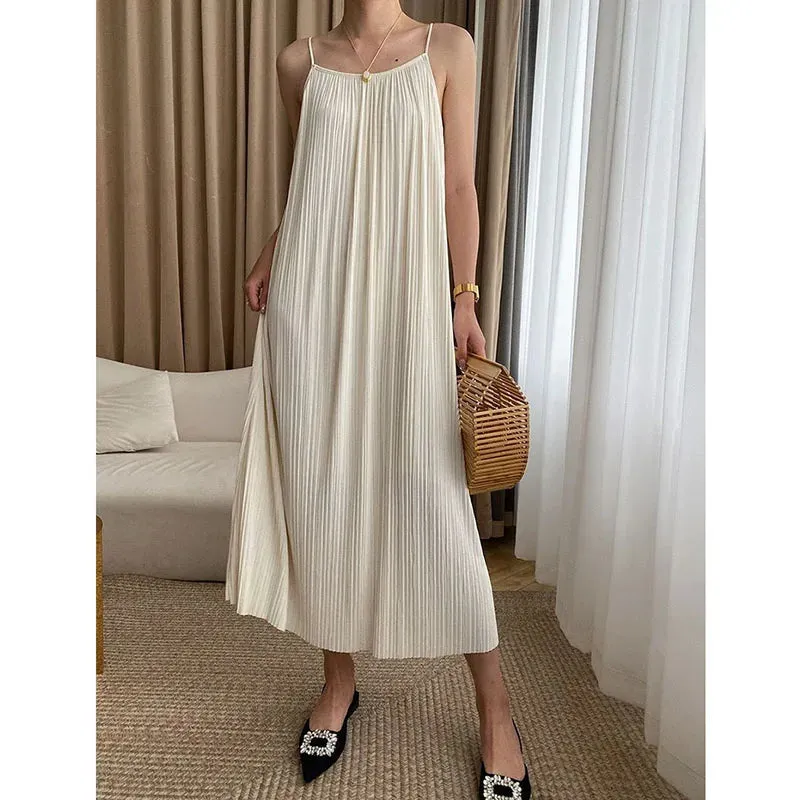 Spaghetti Strap Dresses Women Summer Soft Wind Casual Loose Beach Long Dress Female Korean Simple Wild Mid-Calf Dress