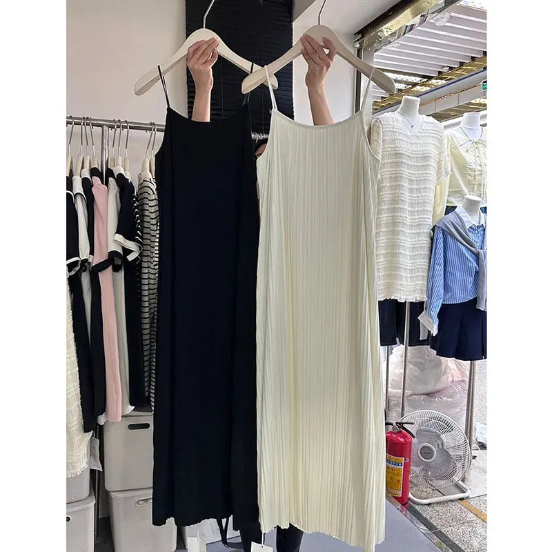Spaghetti Strap Dresses Women Summer Soft Wind Casual Loose Beach Long Dress Female Korean Simple Wild Mid-Calf Dress