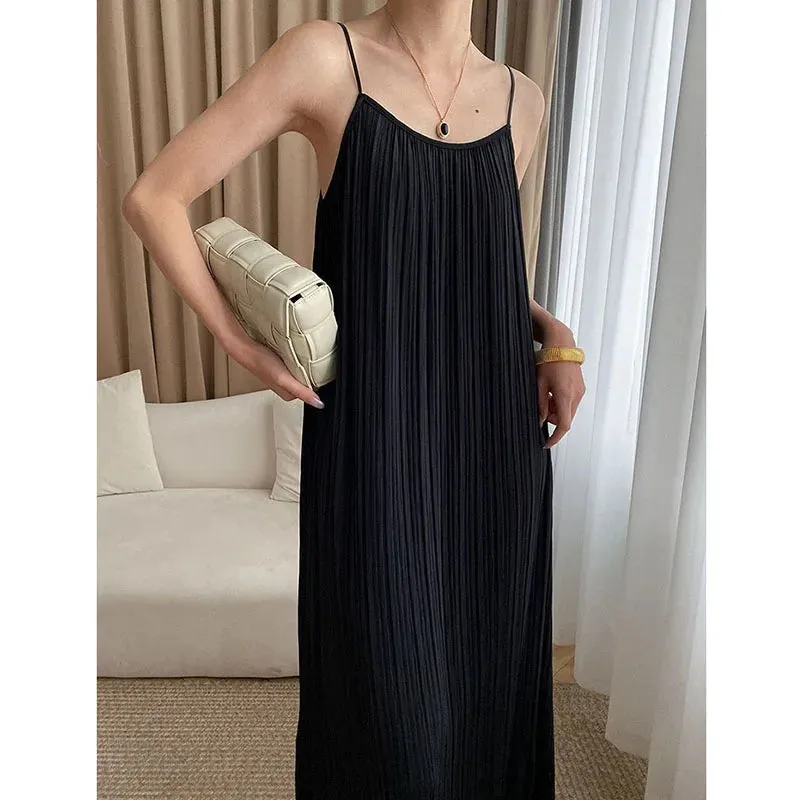 Spaghetti Strap Dresses Women Summer Soft Wind Casual Loose Beach Long Dress Female Korean Simple Wild Mid-Calf Dress