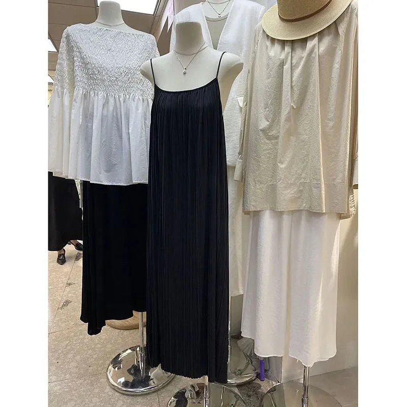 Spaghetti Strap Dresses Women Summer Soft Wind Casual Loose Beach Long Dress Female Korean Simple Wild Mid-Calf Dress